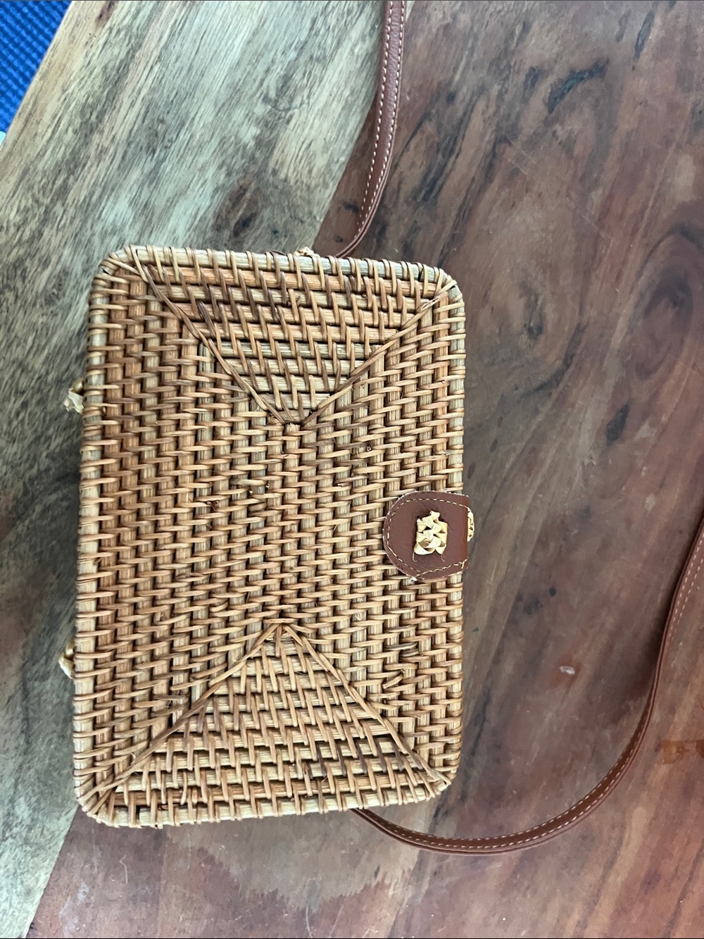 Woven Rattan Crossbody Bag with Brown Trim